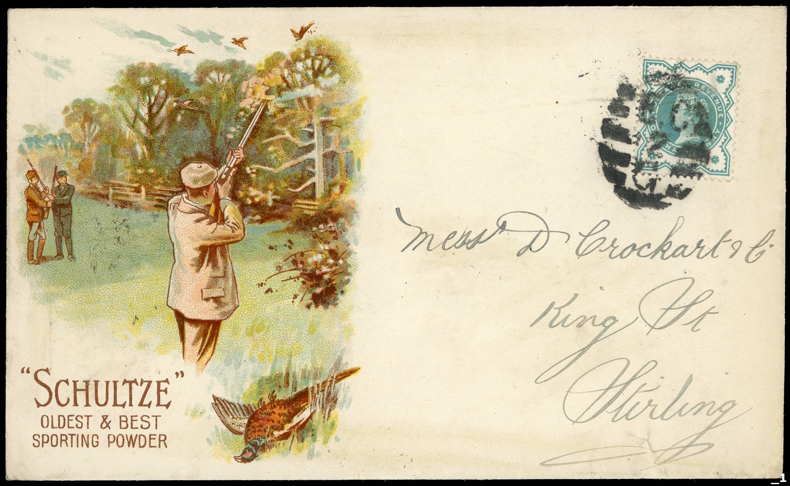 GB ‘Schultze sporting powder’ covers, one with scarce London numeral