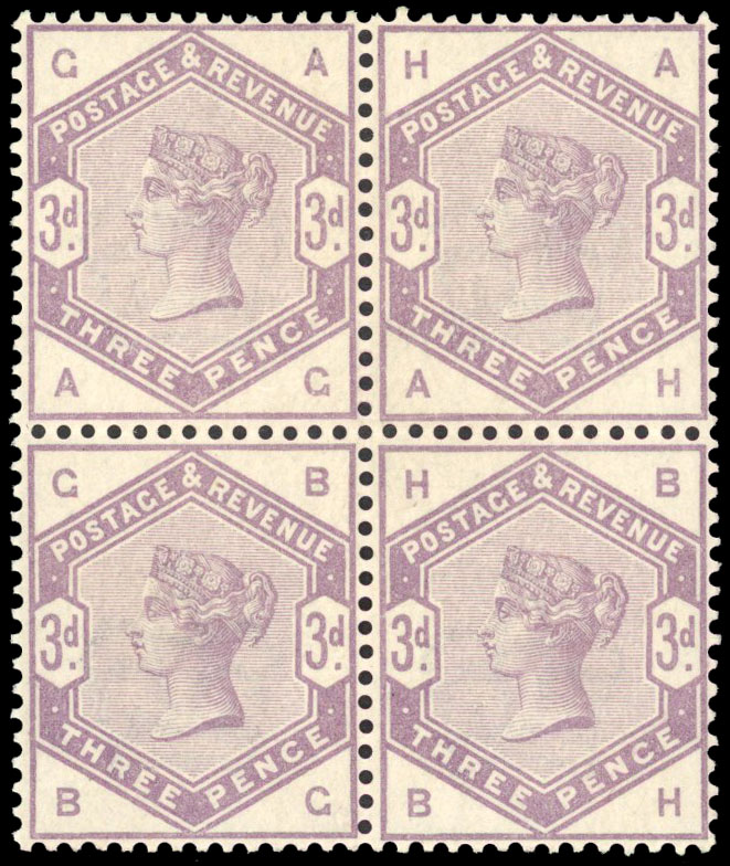 1883 3d lilac block of 4 unmounted o.g. SG 191