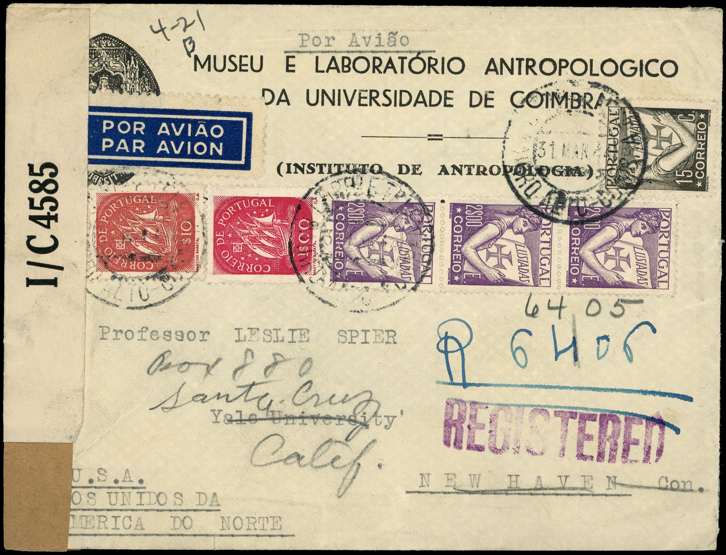 POSTAL HISTORY: 1944 Portugal to USA, registered cover censored in Bermuda with rare CL7B label