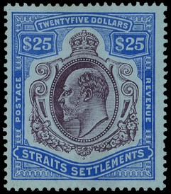 1911 $25 purple and blue on blue paper, fine fresh large part o.g.  Very scarce in this condition.  SG 168,...