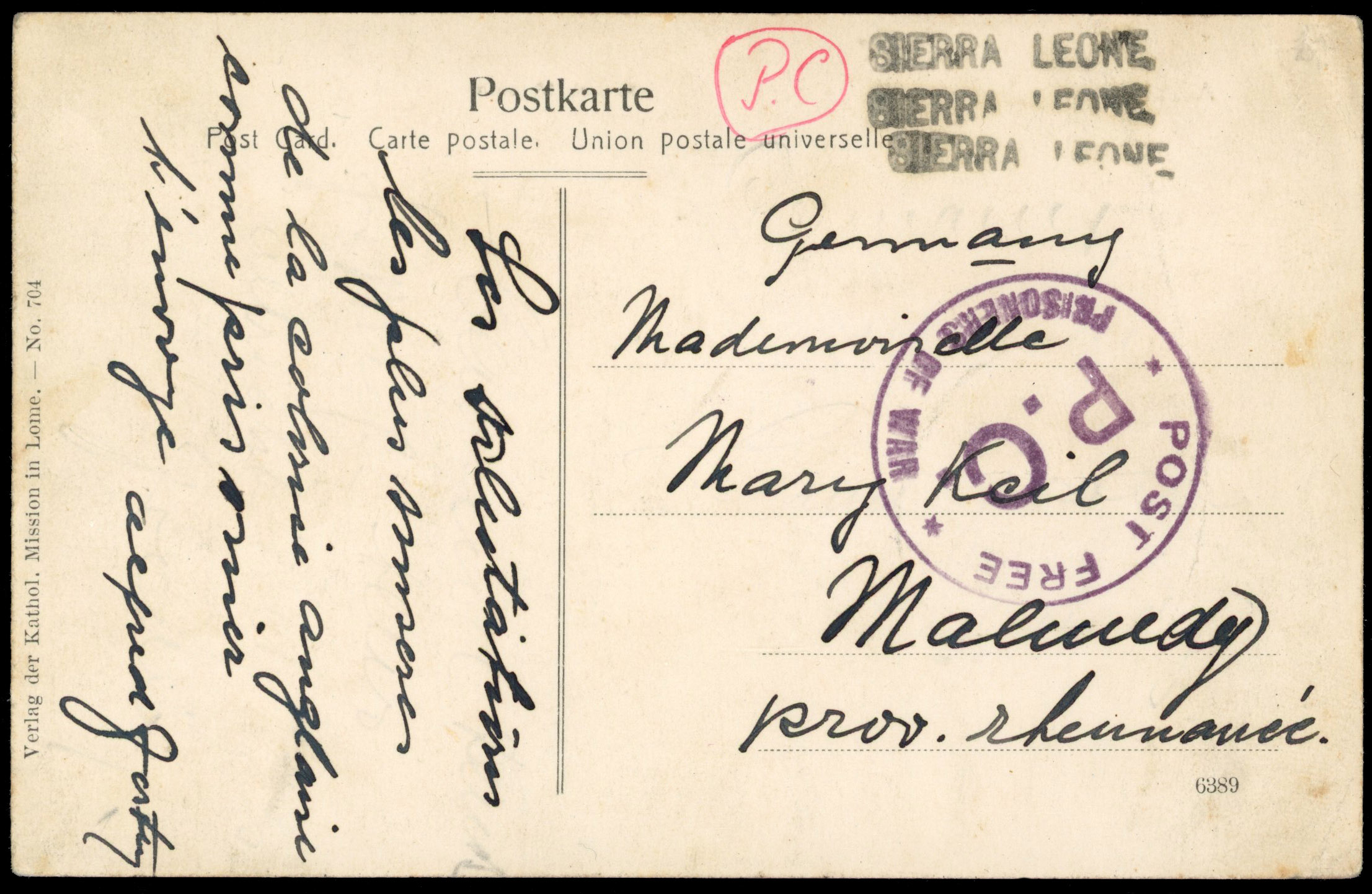 Sierra Leone undated British Occupation Togo P.O.W. card