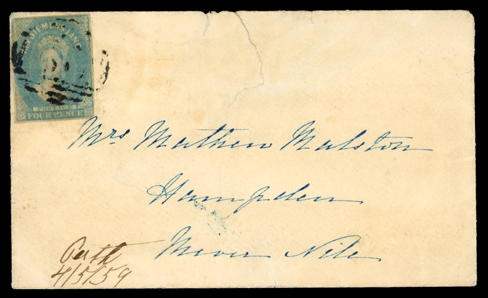 Tasmania 1859 internal cover to River Nile bearing 4d ‘Chalon head’