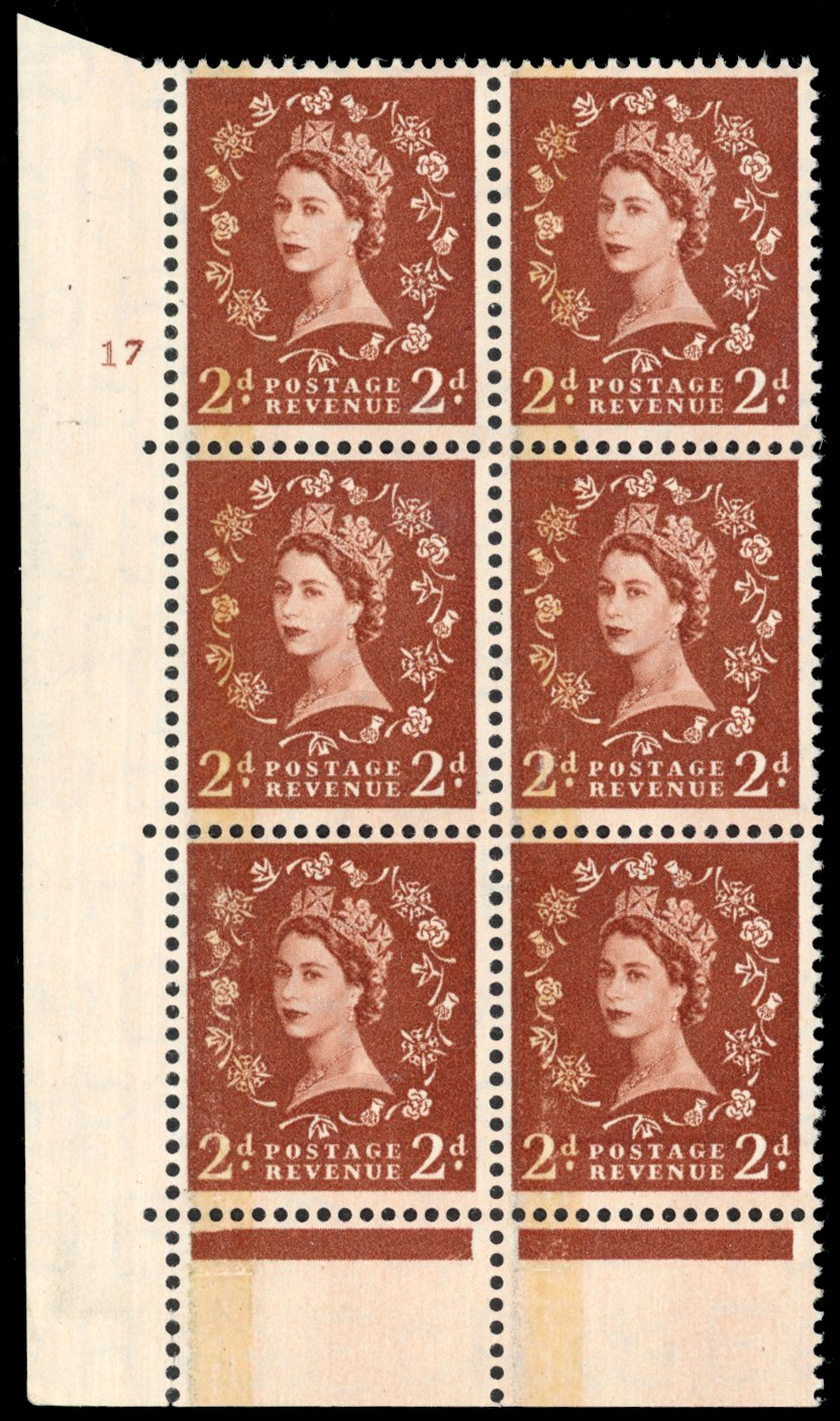 GB: 1959 Phosphor-graphite 2d light red-brown, mint cylinder 17 not block of six ‘ERROR WATERMARK ST EDWARD’S CROWN'. Fine