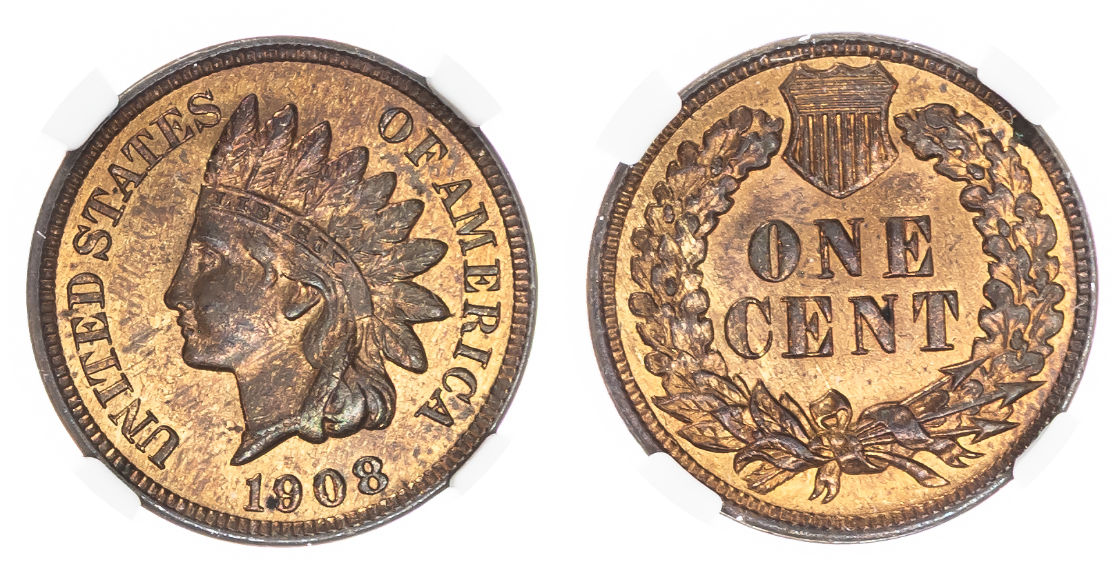 USA , Indian Head bronze Cent, 1908, Philadelphia (KM 90a) . In NGC holder graded MS 63 RB (8222221-012).…