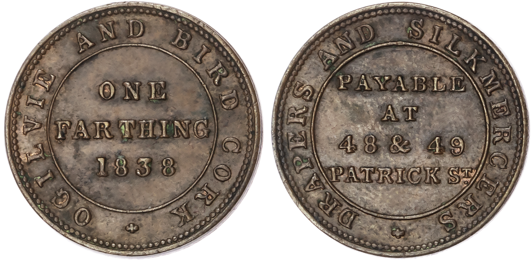 Cork, Ogilvie & Bird (silk mercers) farthing 1838, three-line legend/four-line legend, 21.25mm. (W5840). Extre…