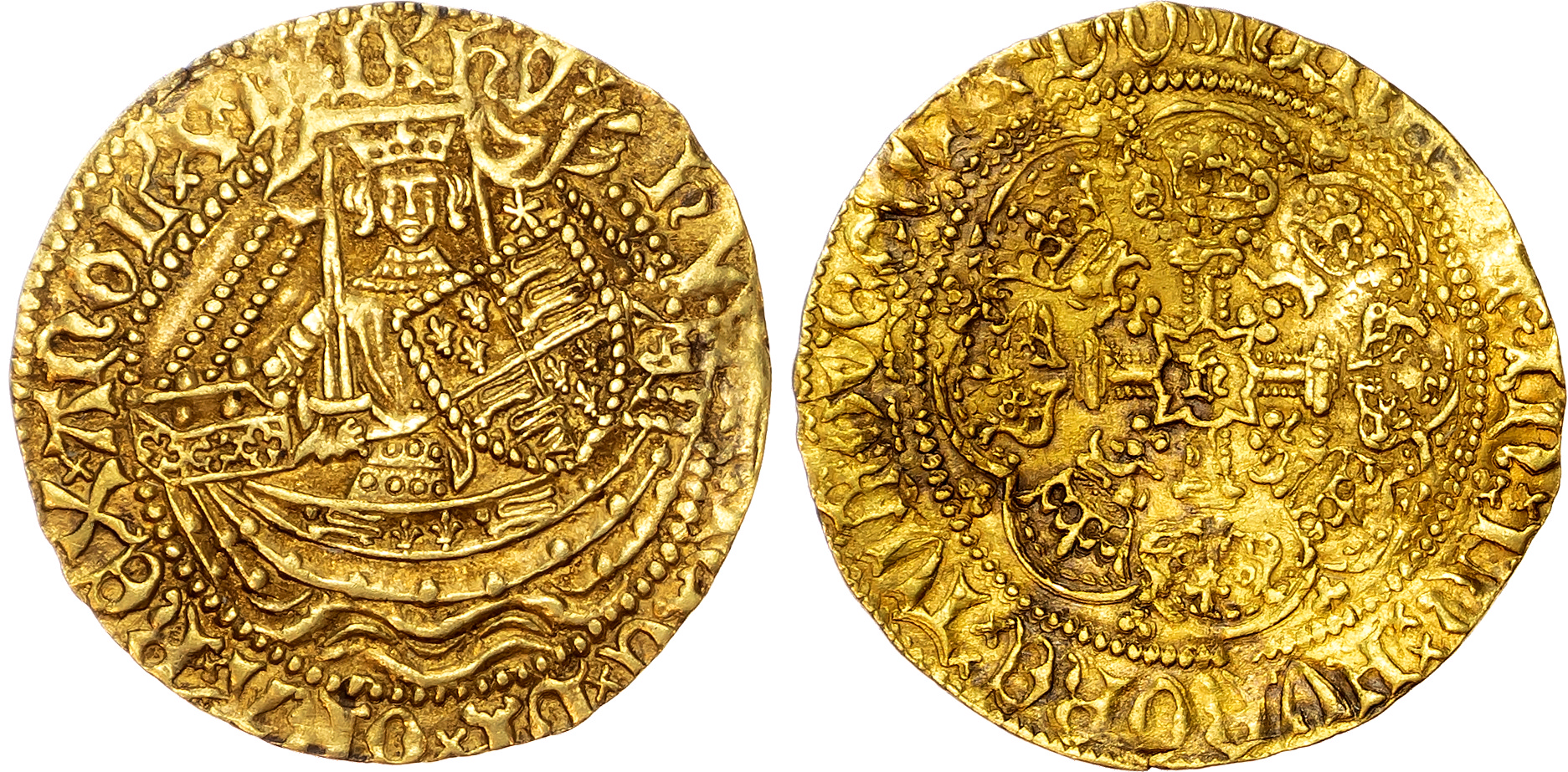 Henry V (1413-1422) Half Noble, standard type B, class F/E mule, London mint.