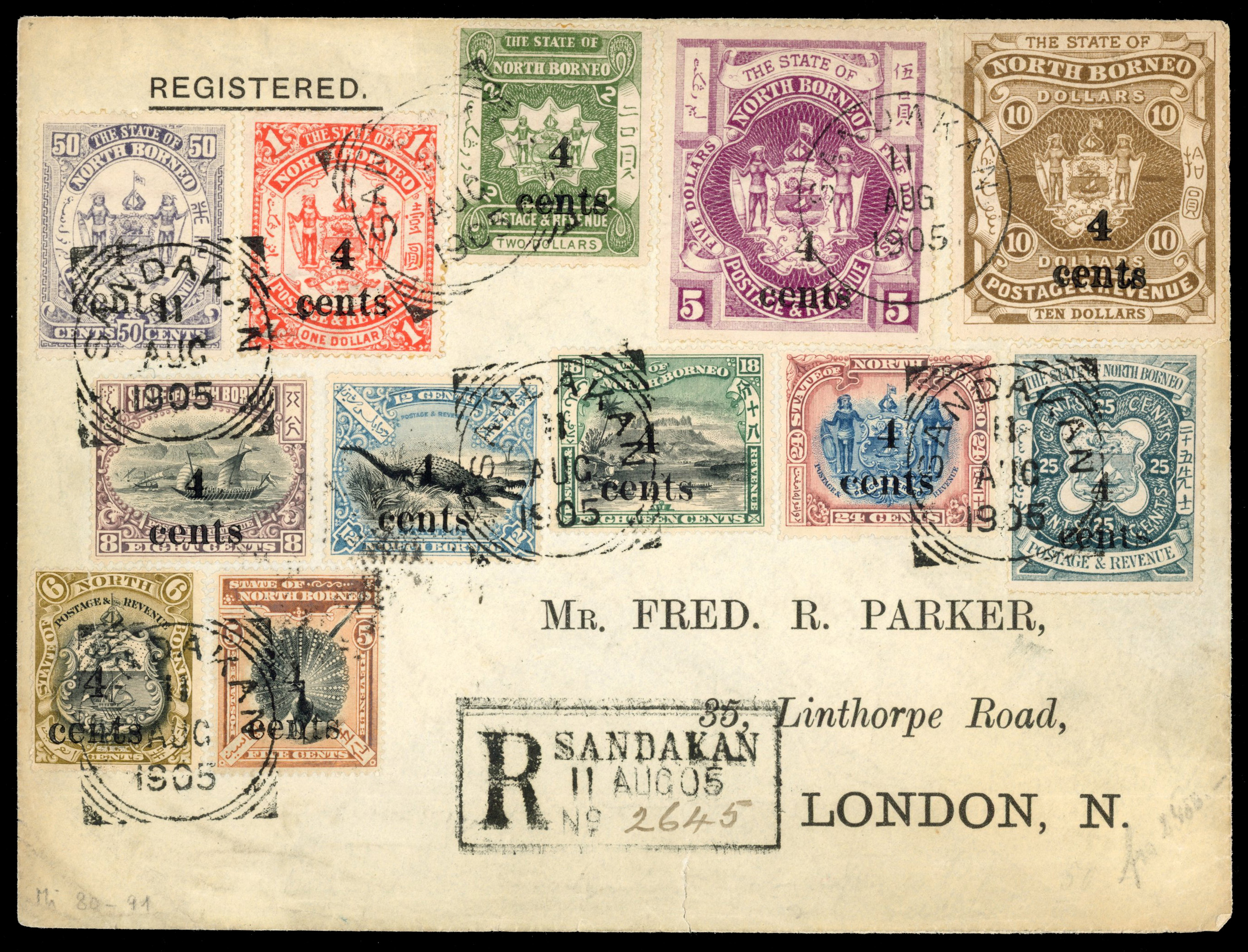 North Borneo SG 146-157 1904-5 4c surcharge set on cover