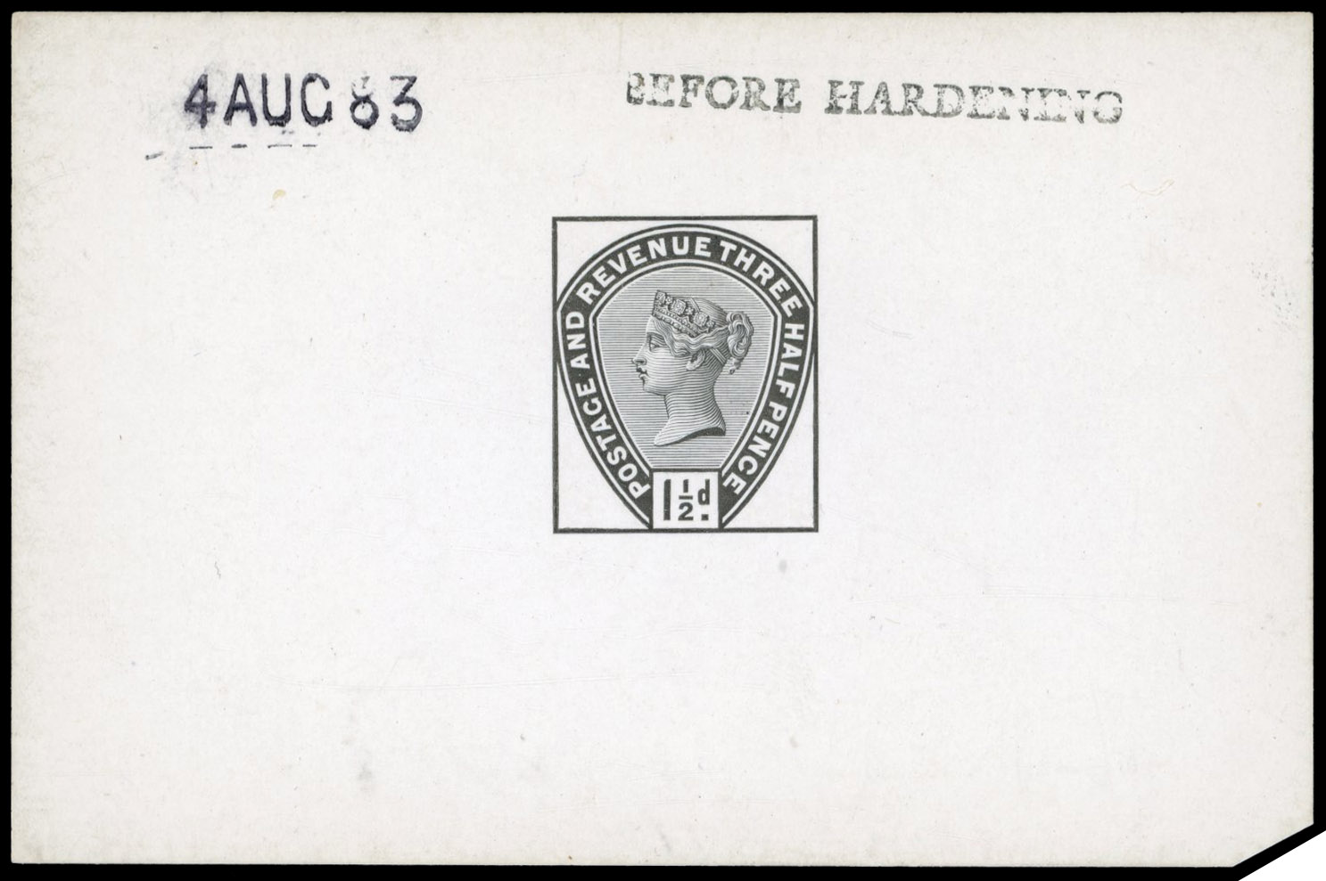 GB 1883-84 1½d die proof, printed in black on white glazed card, For SG 188