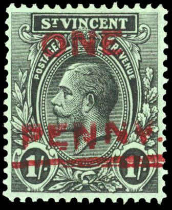 St Vincent 1915 1d on 1s variety PENNY and bar double