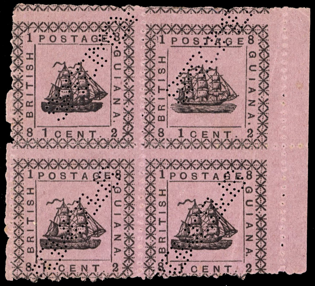 British Guiana 1882 1c SG 162, 164 marginal block of four Specimens, mixed types, unused