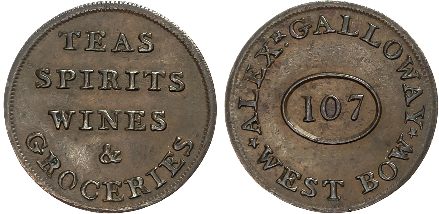 Loth. Edinburgh , Alex Galloway Farthing (grocer / wine merchant) (1790s), 107 in an oval, rev . 5-line legend, edge pla …