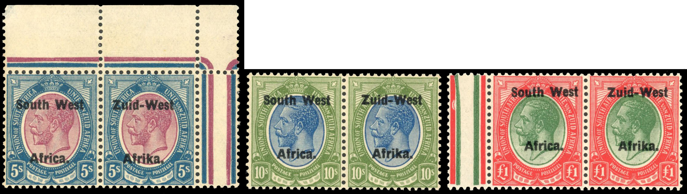 South West Africa SG 13/15 1923 5s, 10s, £1 setting II pairs mint