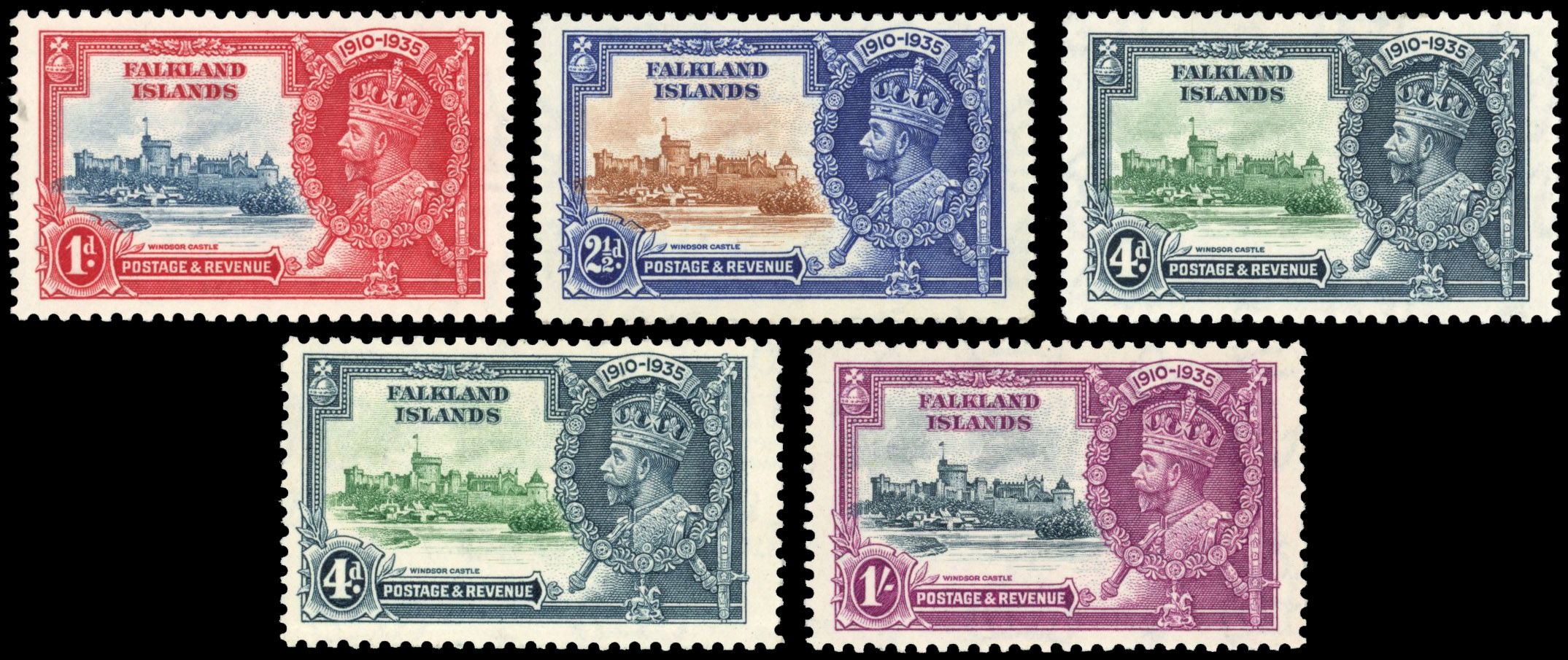 Falkland Islands 1935 Silver Jubilee mint variety group, SG 139e/141e, 141b, 142b