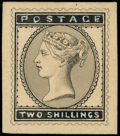 c.1879 2s Hand painted essay. Very fine example inscribed ‘POSTAGE’ for the forthcoming ‘Provisional’ issue painted on s…
