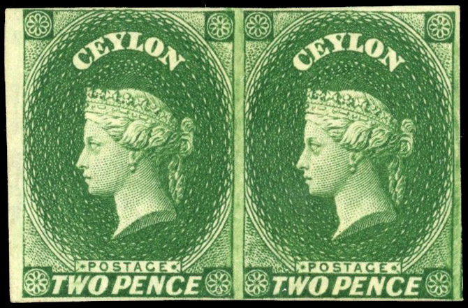 Ceylon SG 3 1857-59 2d green imperf pair mint