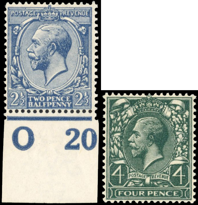 GB: 1912-22 Royal Cypher 2½d Royal blue, mint large part og with ‘O20’ control; 1924-26 4d deep grey-green, mint