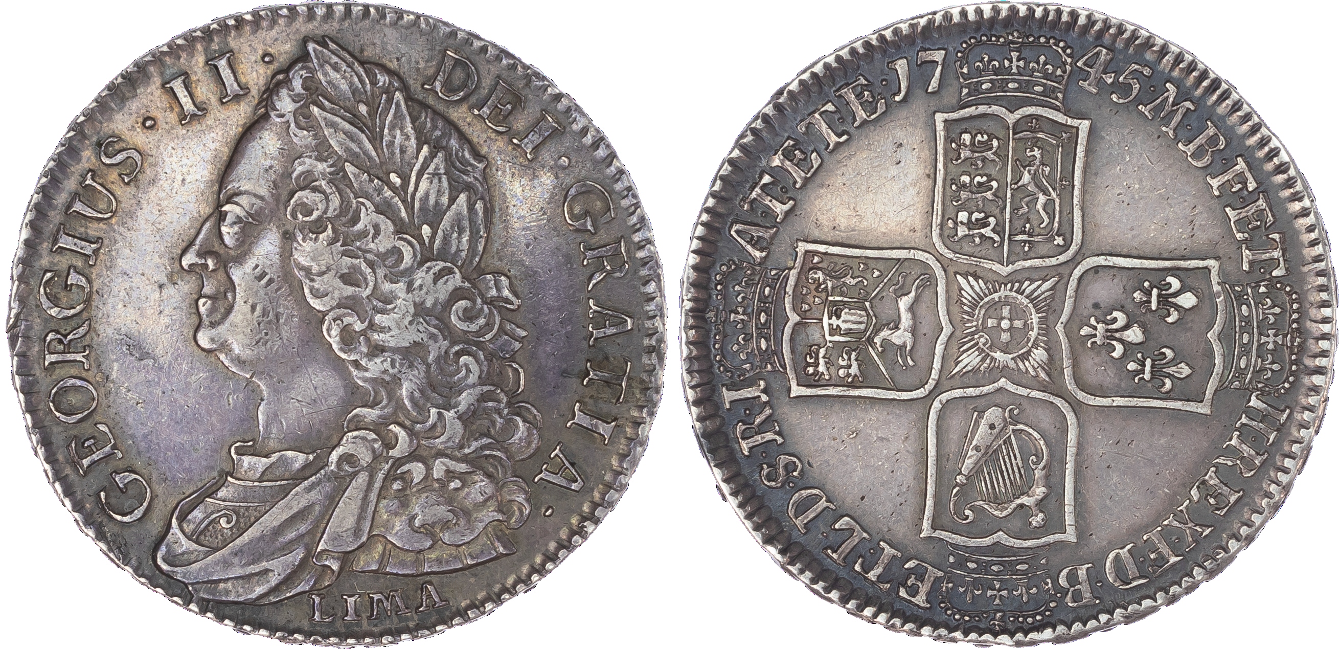 George II (1727-60), Halfcrown, Lima issue, 1745, old laureate bust left, ‘Lima’ below bust, rev, crowned cruciform shields,