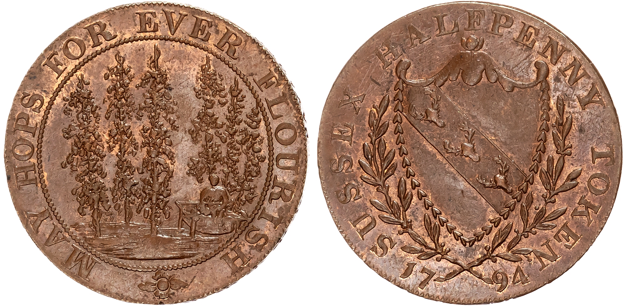 Kent , Lamberhurst , Thomas Foster (hop-farmer) Halfpenny 1794, View of a picker in a hop field, rev. Family Arms, edge …