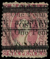 1879 1d on 6d rose used, surcharged four times, fine.  Sg 93d,...