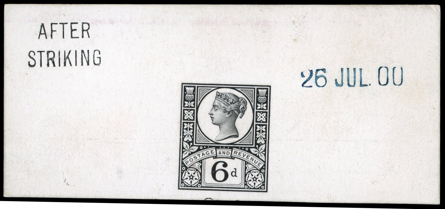 GB 1887-92 6d die proof, printed in black on white glazed card, For SG 208