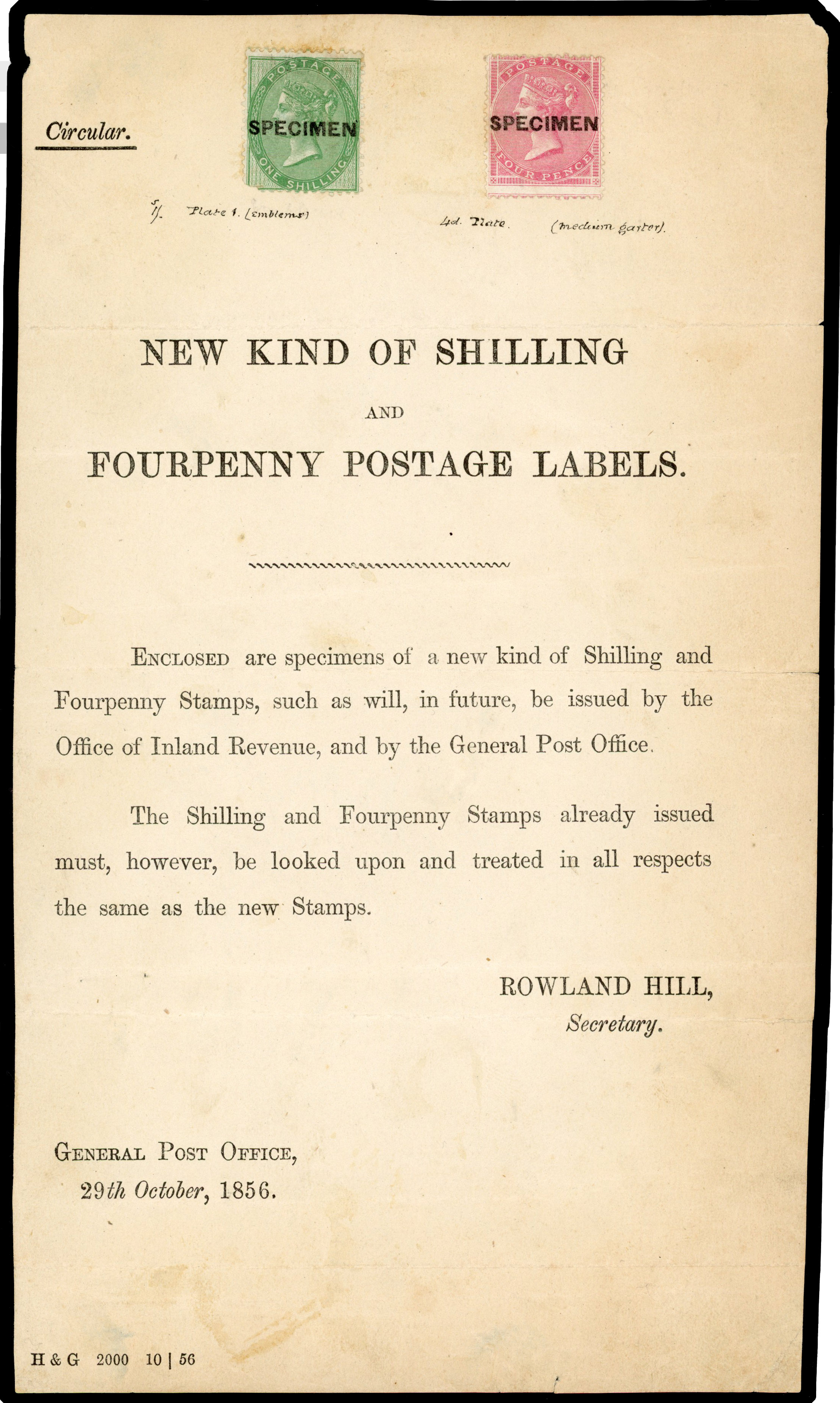 1856 Postal Notice from GPO, dated 29th October 1856 to Postmasters announcing the forthcoming issue