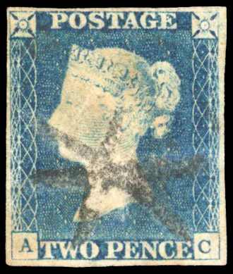 1840 2d Pale blue Pl.1 (AC). used with Inspectors mark handstamp
