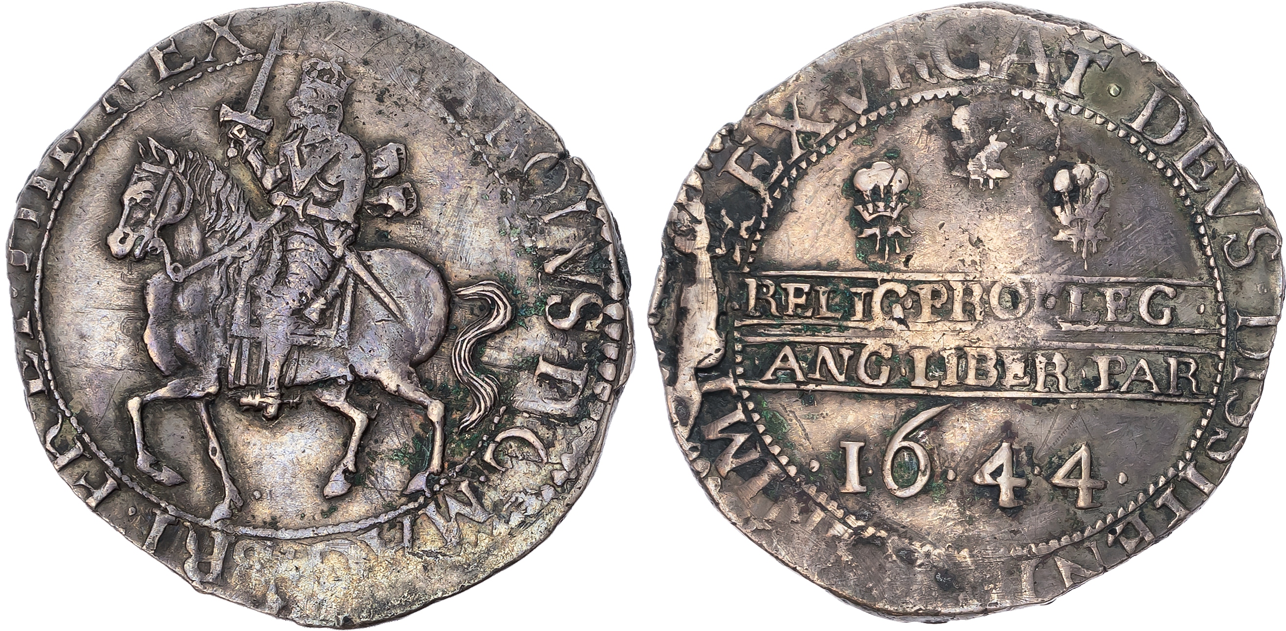 Charles I (1625-1649), AR Halfcrown 1644, Declaration type, Chester mint mm: three gerbs and sword. King on horseback le…