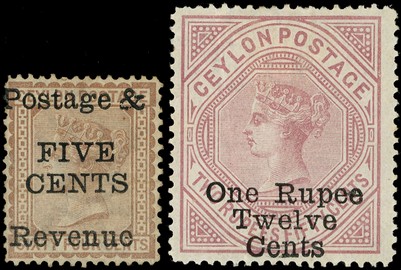 1885 5c on 64c perf 14 x 12½, large part o.g. with some hinge remainder; 1r12 on 2r50 perf 12½, part o.g. with unobtrusive...