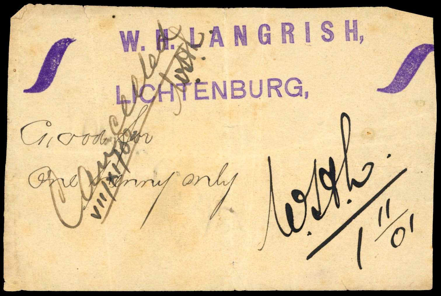 South Africa, Lichtenburg, W H Langrish’s General Stores, penny 1 Nov1901, signed by Langrish, subsequently ca…