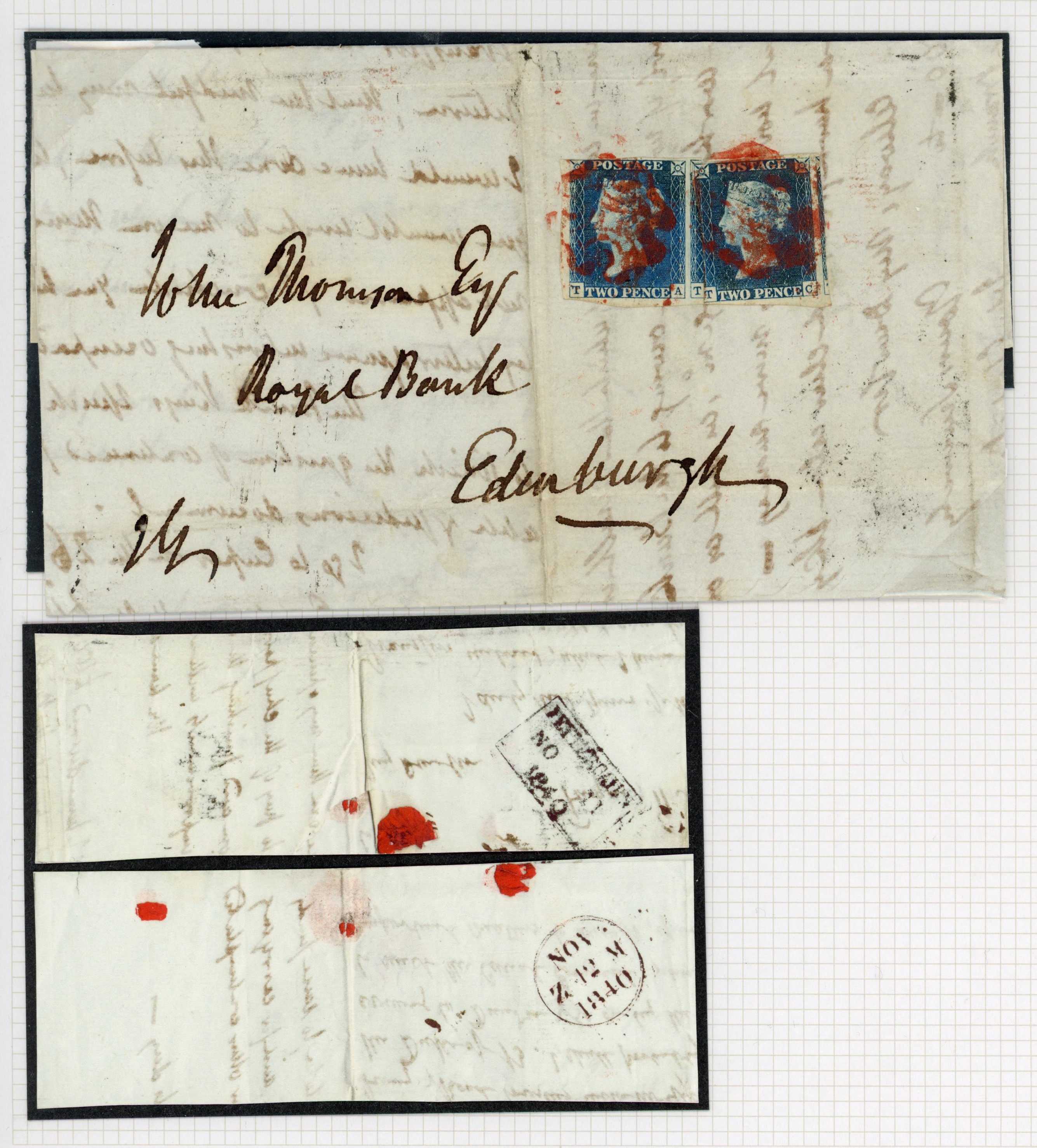 GB 1840 2d, Pl. 1, pair of covers to Edinburgh, SG 5