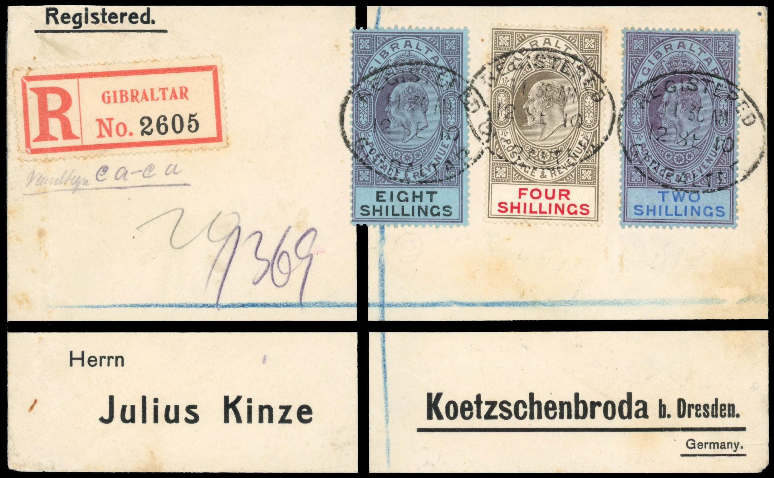 Gibraltar 1910 philatelic cover with KEVII 2s, 4s, 8s to Germany
