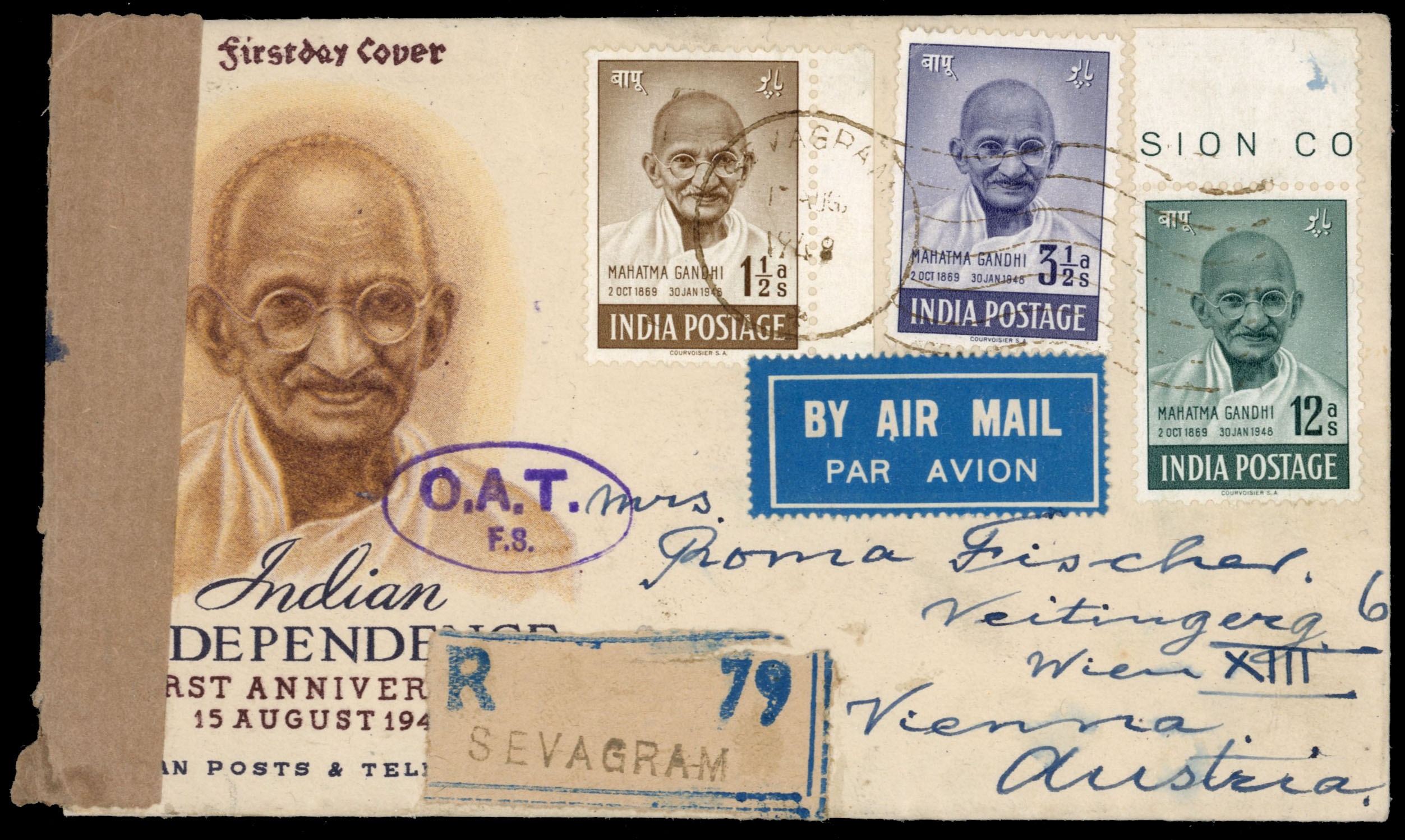 India 1948 Gandhi registered illustrated OAT censored airmail cover to Austria