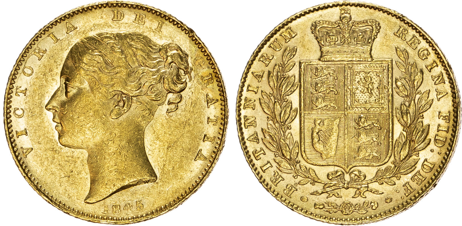Victoria (1837-1901) Sovereign, 1845, London mint, 'wider date'.
