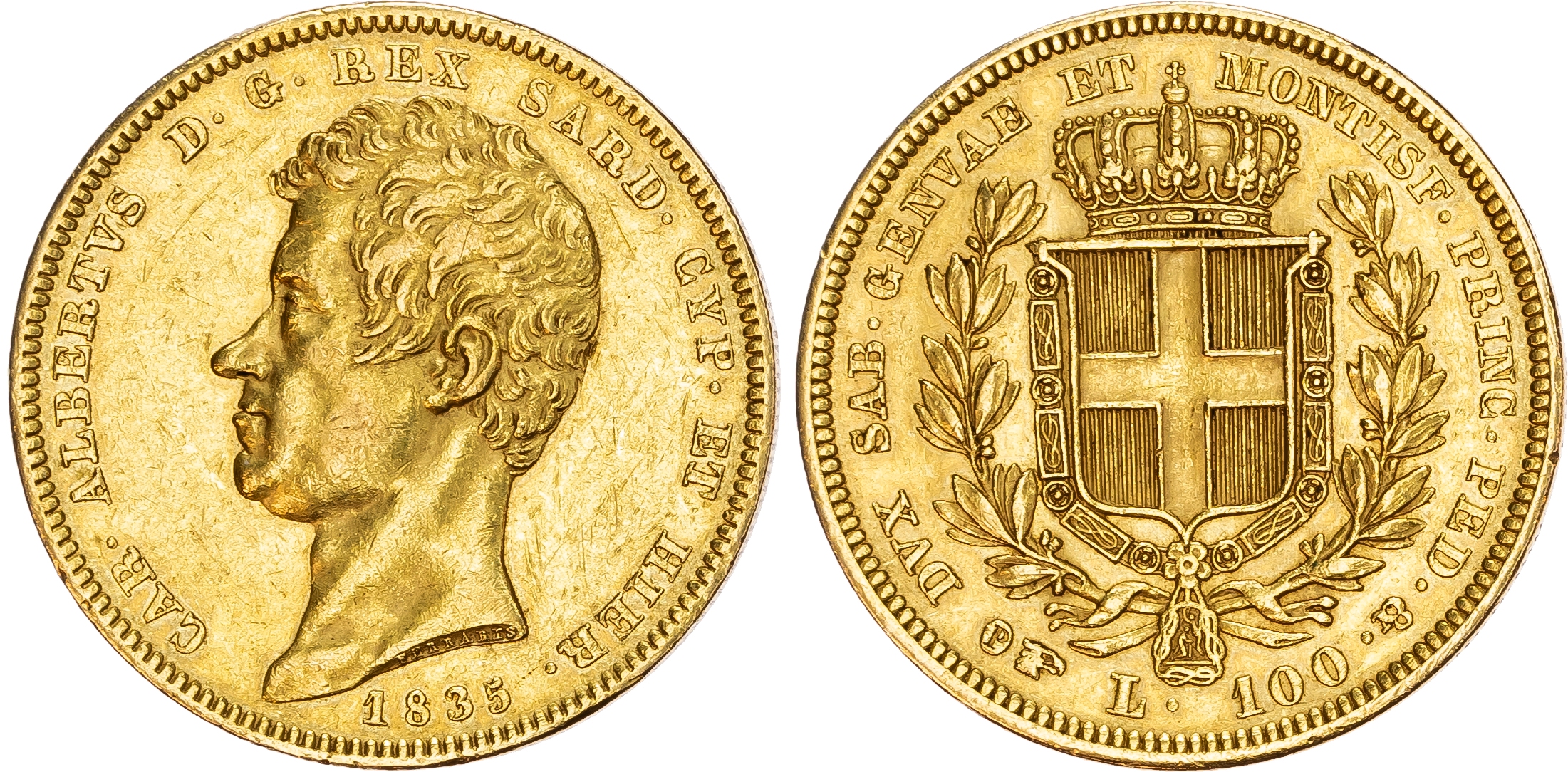 Italy, Sardinia, Carlo Alberto (1831 ‑ 1849), gold 100 Lire, 1835 P, Turin, 32.27g.