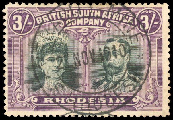 Rhodesia 1910-13 3s green and violet perf 14 used Veracity Mine