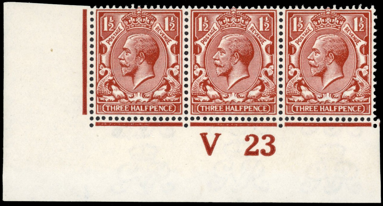 GB 1912-24 1½d very deep red-brown, mint control V23 strip