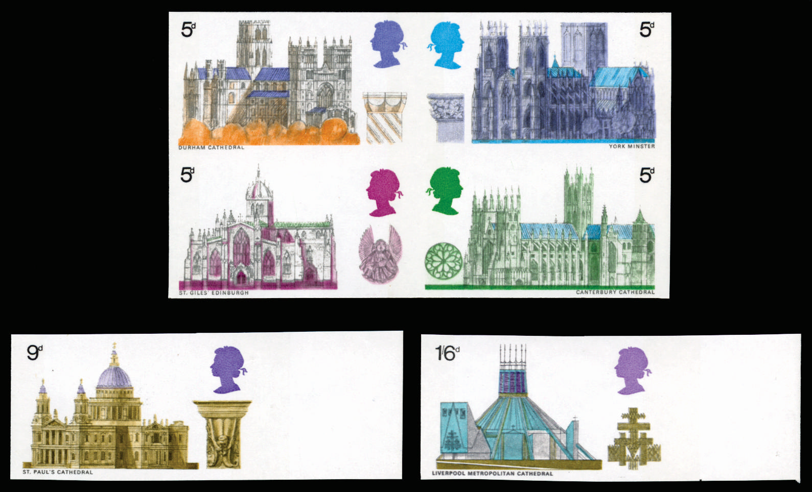 GB 1969 5d-1s6d British Architecture. Superb unmounted o.g. set of six imperforate imprimaturs (5d valu… SG796/801var