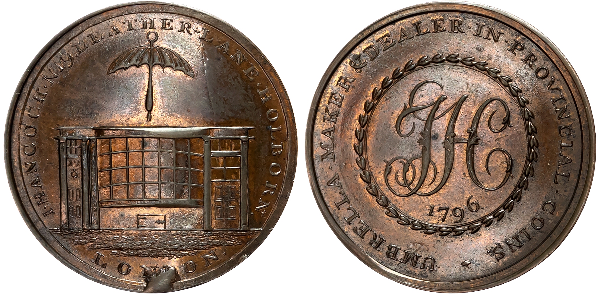 London, Holborn , John Hancock (umbrella manufacturer and numismatist) Halfpenny 1796, Umbrella over shop-front, rev. JH …