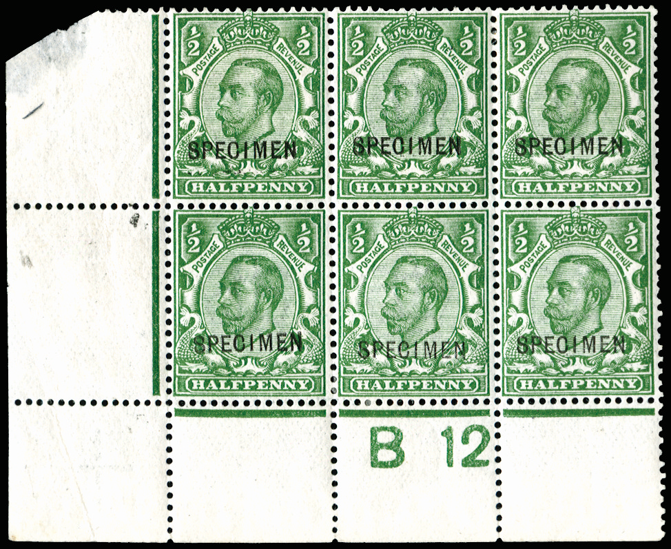 GB SG339s 1912 ½d Green (Die 2) Control block SPECIMEN