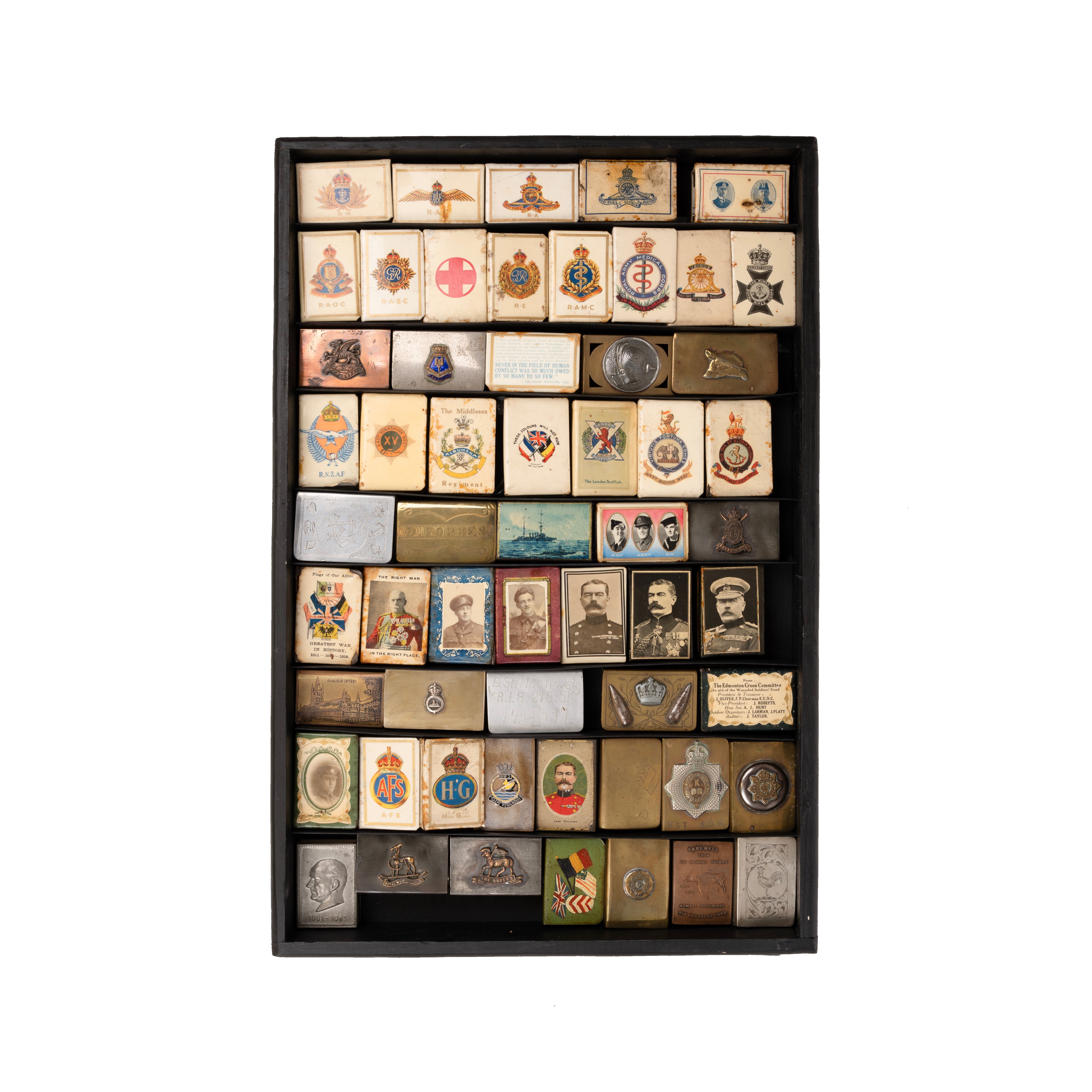 Tray of Military Theme Decorative Match Box Covers and Cases