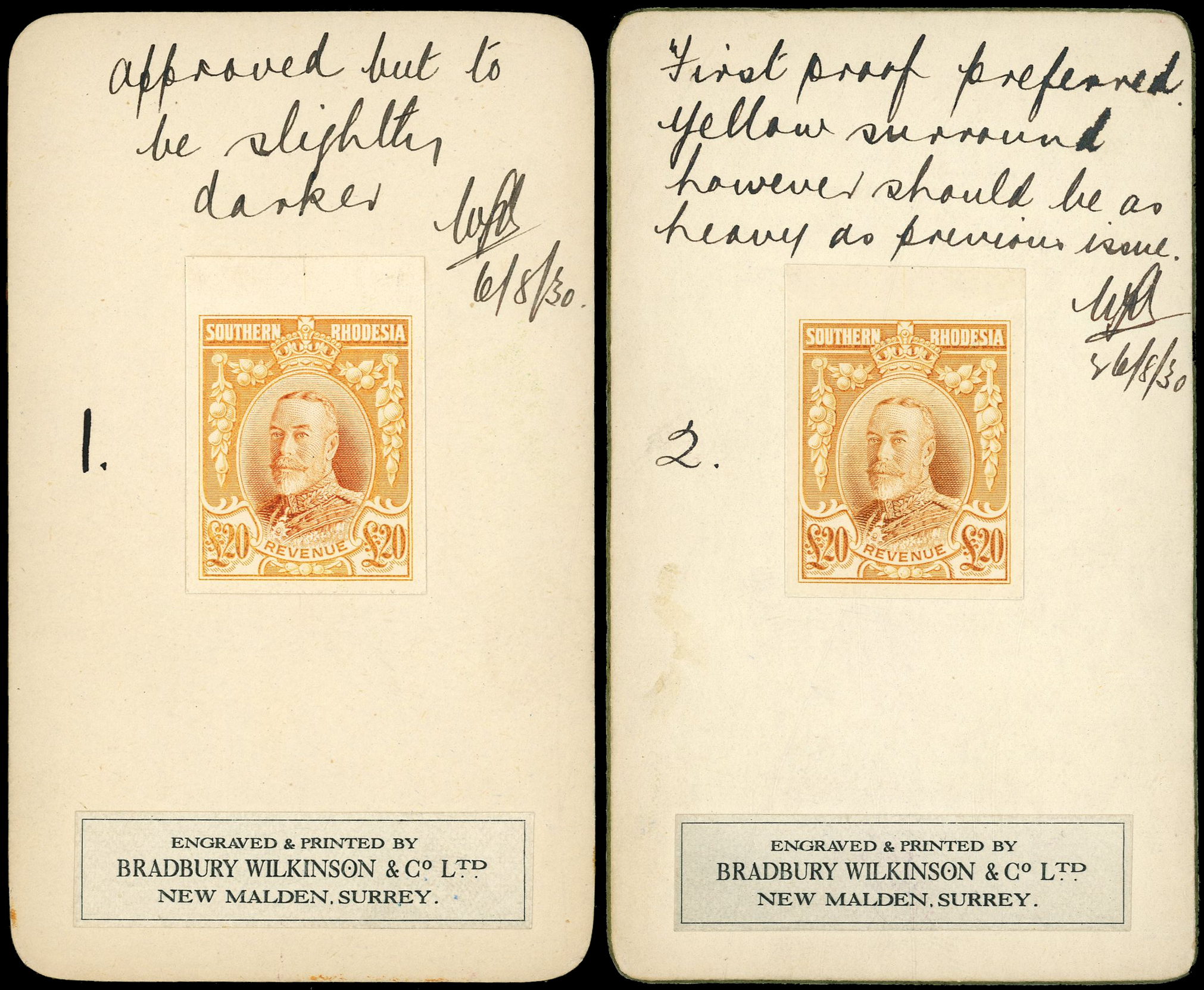 Southern Rhodesia Revenue 1930 pair of imperforate colour trials for the £20 yellow & brown