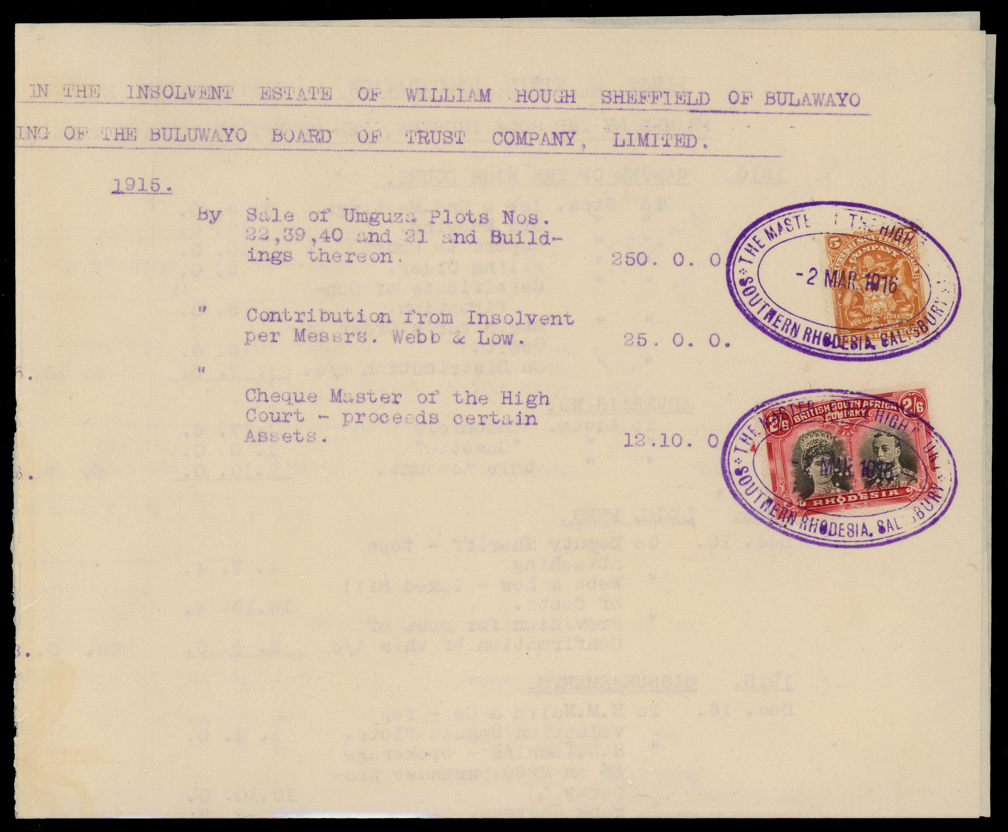 Rhodesia 1916 fiscal document bearing 5s SG 87 and 2s6d Double Head (RSC A)
