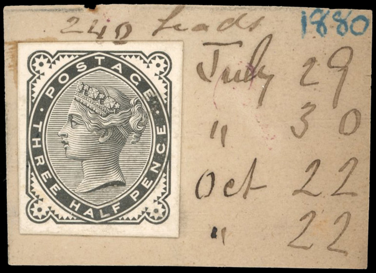 GB 1880-81 1½d stamp-sized die proof on DLR striking book piece, For SG 167