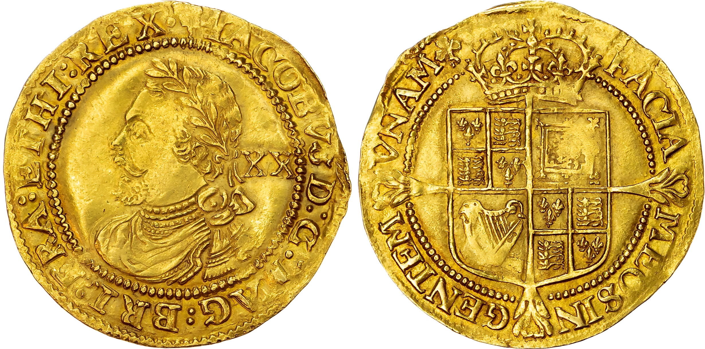 James I (1603‑1625), Third Coinage, Gold Laurel, Tower, mm Trefoil.