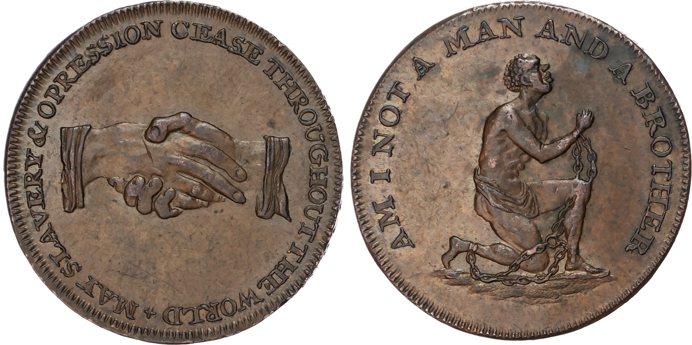 London, Political Series , William Lutwyche for an Anti-Slavery Society Halfpenny undated, Shackled African sl…