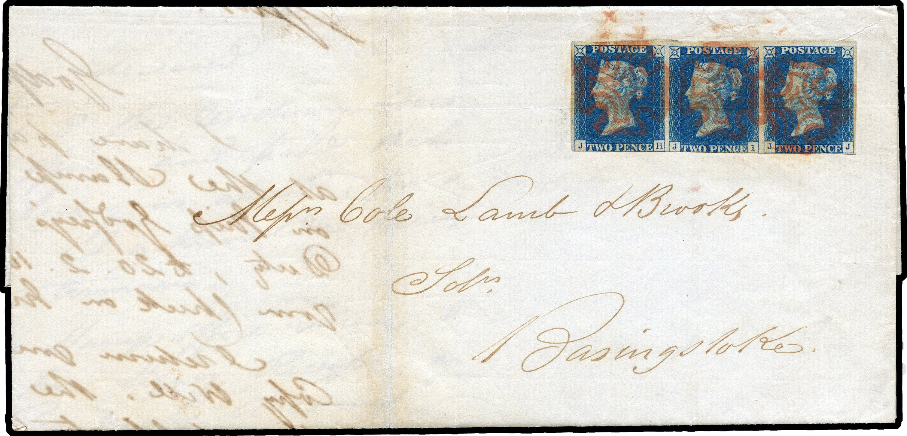 1840 2d blue horizontal strip of 3, plate 1 (JH/JJ), trimmed at foot, on entire to Basingstoke, tied 