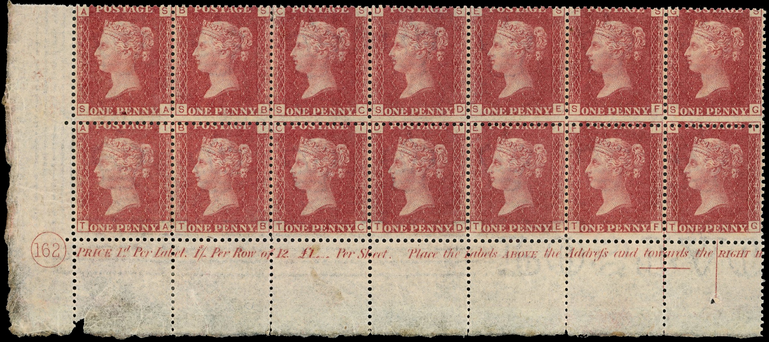 1864-79 1d rose-red, plate 162 (SA/TG), lower left-hand corner marginal block of fourteen