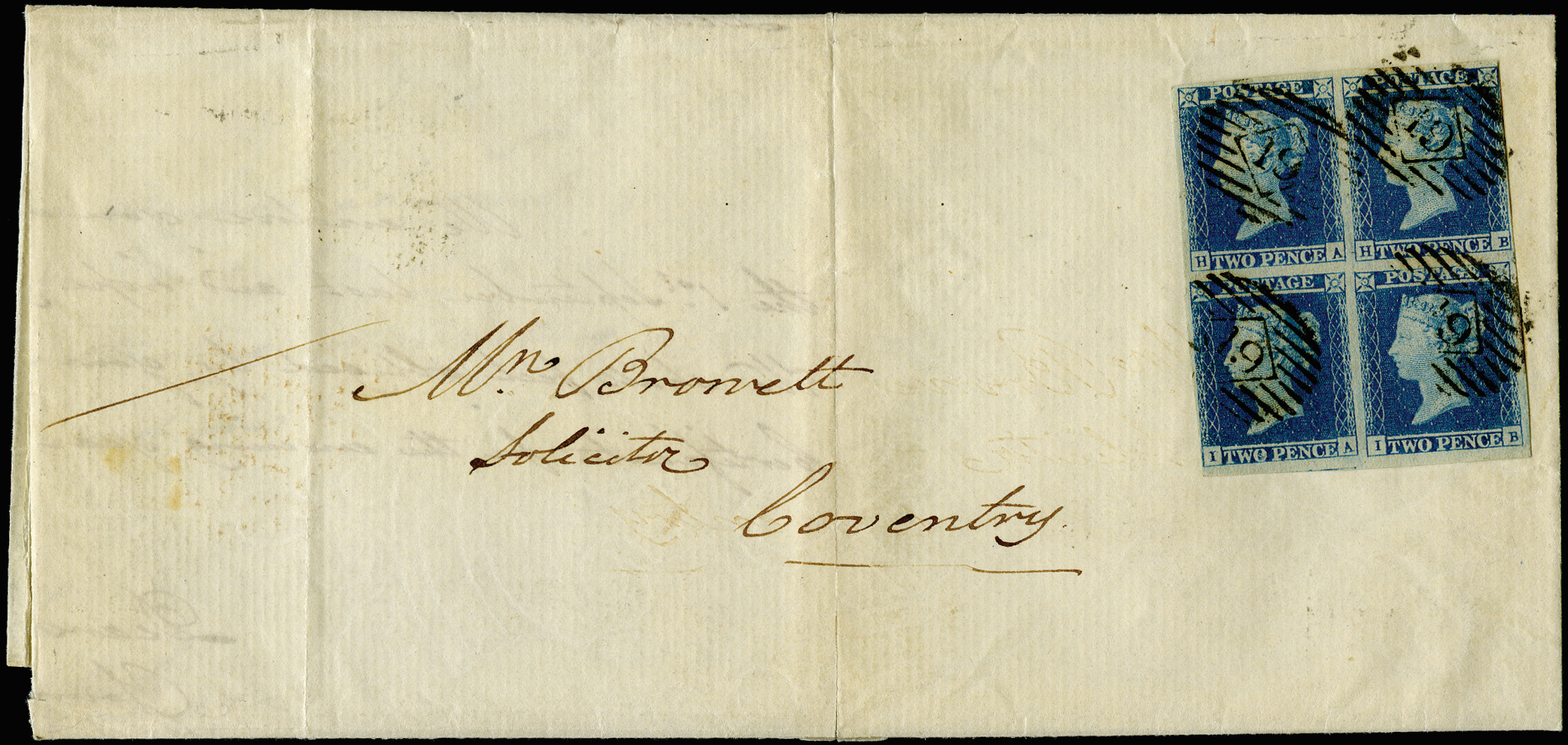 GB 1841 SG14 Pl.4 Cover block of four London to Coventry