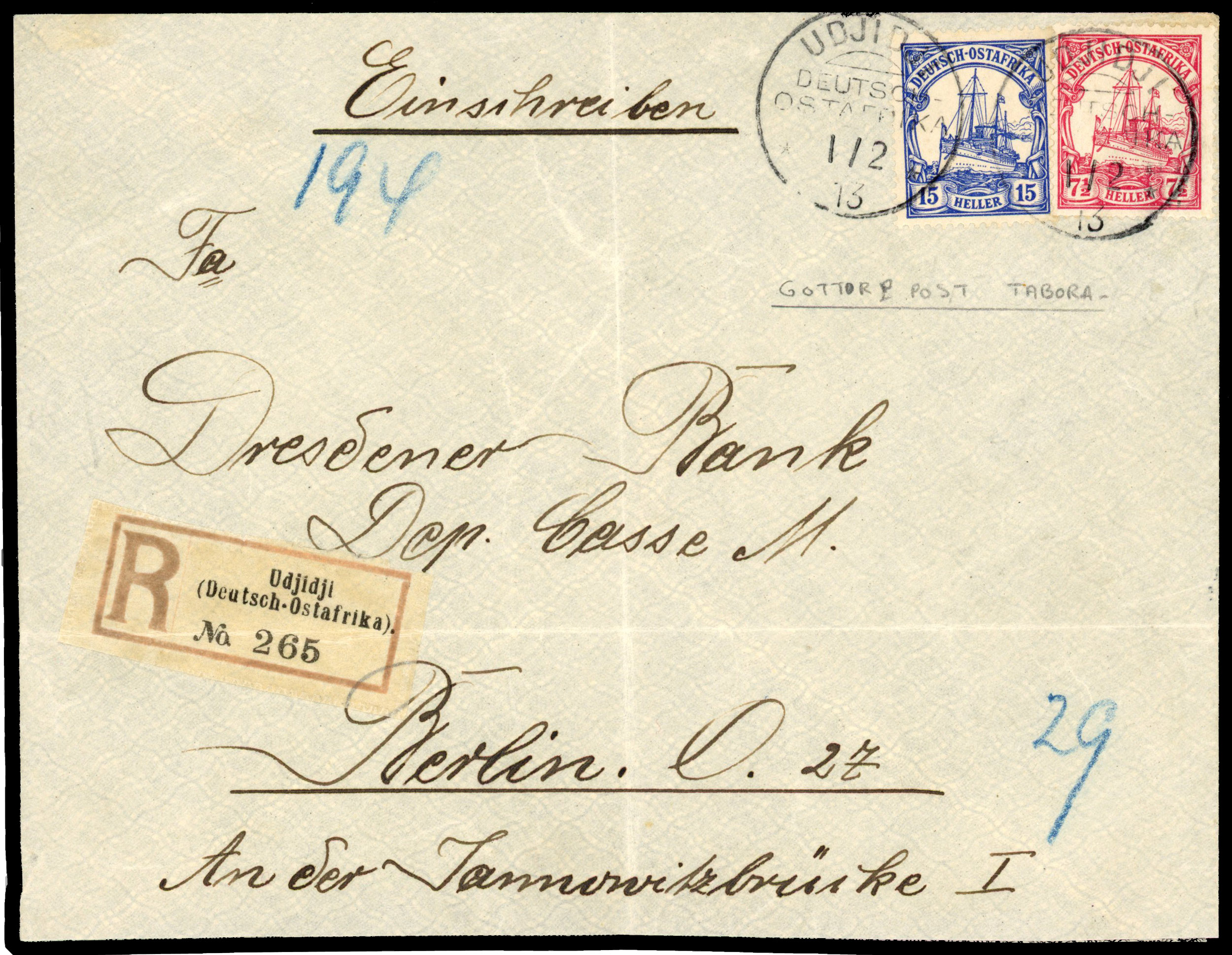 1913 registered cover to Berlin franked 7½h and 15h tied ‘UDJIDJI/½-13’ cds, registration label lower left and