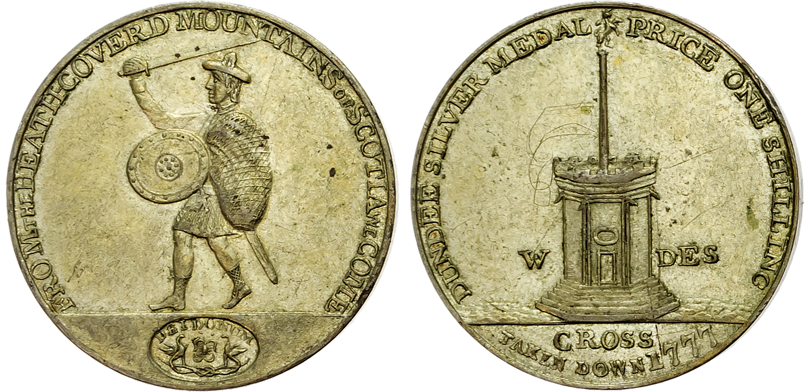 Angus.  Dundee, James Wright Jr. silvered copper Shilling 1797, Ancient market cross, rev. An armed highlander in kilt w …